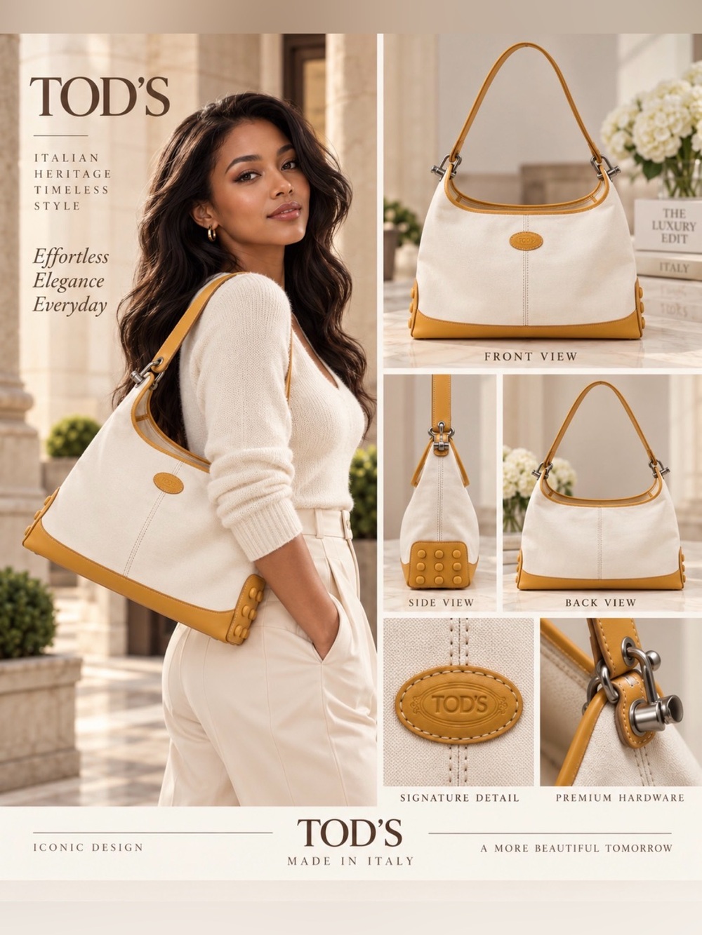 Tod's Cream Canvas & Leather Shoulder Bag Made in Italy Hobo